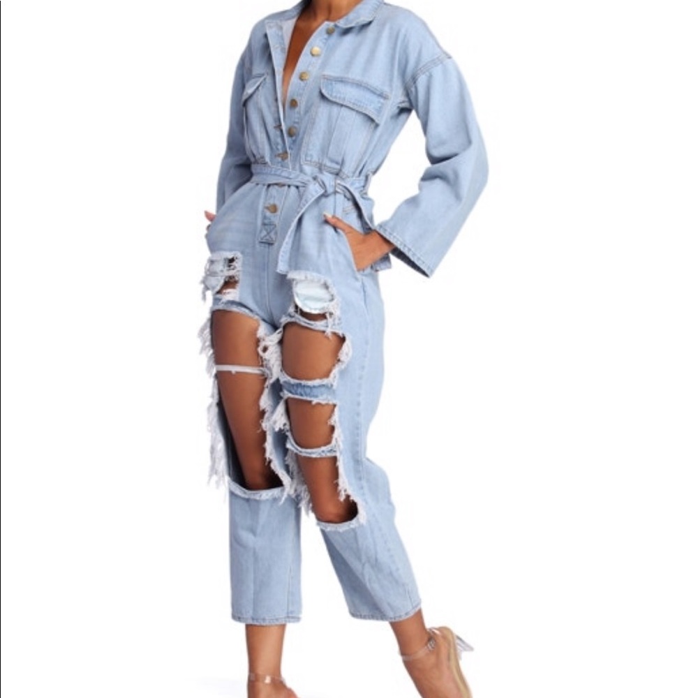 FEELING FIERCE DISTRESSED DENIM JUMPSUIT